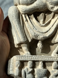 A Gandhara grey schist sculpture of the Bodhisattva Maitreya, a sculpture of a master with a child and a fragment of a divinity, 1/5th C.