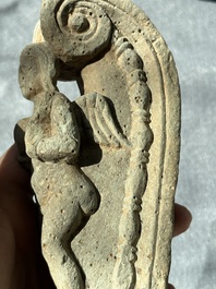 A Gandhara grey schist sculpture of the Bodhisattva Maitreya, a sculpture of a master with a child and a fragment of a divinity, 1/5th C.