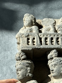 A Gandhara grey schist fragment of a seated Buddha with his disciple and a fragment with five figures, 1st/3rd C.