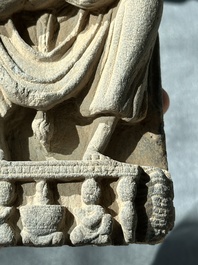 A Gandhara grey schist sculpture of the Bodhisattva Maitreya, a sculpture of a master with a child and a fragment of a divinity, 1/5th C.