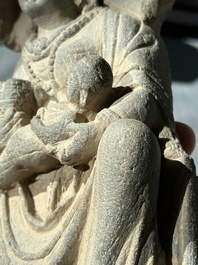 A Gandhara grey schist sculpture of the Bodhisattva Maitreya, a sculpture of a master with a child and a fragment of a divinity, 1/5th C.