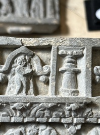 Five Gandhara grey schist frieze fragments with narrative design, 1/5th C.