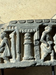 Five Gandhara grey schist frieze fragments with narrative design, 1/5th C.