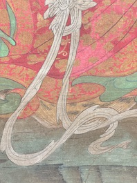 Chinese school: 'Portrait of a general with two servants', ink and colour on silk, Ming or later