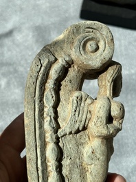 A Gandhara grey schist sculpture of the Bodhisattva Maitreya, a sculpture of a master with a child and a fragment of a divinity, 1/5th C.