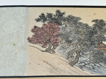 Pu Xinyu 溥心畬 (1896-1963): 'Temple in the mountains', ink and colour on paper, with 'Hongmu' wooden box