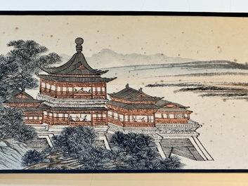 Pu Xinyu 溥心畬 (1896-1963): 'Temple in the mountains', ink and colour on paper, with 'Hongmu' wooden box