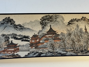 Pu Xinyu 溥心畬 (1896-1963): 'Temple in the mountains', ink and colour on paper, with 'Hongmu' wooden box