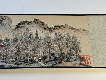 Pu Xinyu 溥心畬 (1896-1963): 'Temple in the mountains', ink and colour on paper, with 'Hongmu' wooden box
