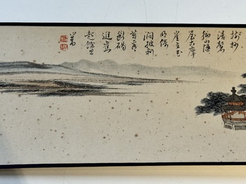 Pu Xinyu 溥心畬 (1896-1963): 'Temple in the mountains', ink and colour on paper, with 'Hongmu' wooden box