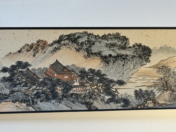 Pu Xinyu 溥心畬 (1896-1963): 'Temple in the mountains', ink and colour on paper, with 'Hongmu' wooden box