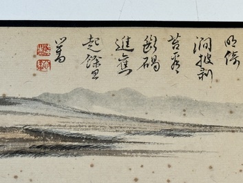 Pu Xinyu 溥心畬 (1896-1963): 'Temple in the mountains', ink and colour on paper, with 'Hongmu' wooden box