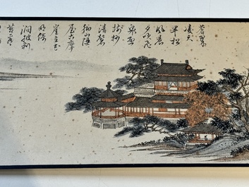 Pu Xinyu 溥心畬 (1896-1963): 'Temple in the mountains', ink and colour on paper, with 'Hongmu' wooden box