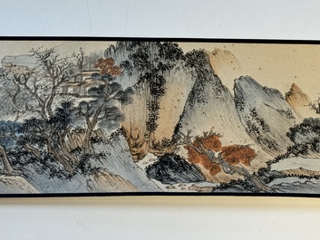 Pu Xinyu 溥心畬 (1896-1963): 'Temple in the mountains', ink and colour on paper, with 'Hongmu' wooden box