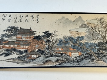 Pu Xinyu 溥心畬 (1896-1963): 'Temple in the mountains', ink and colour on paper, with 'Hongmu' wooden box