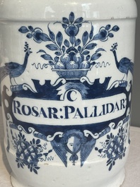 A large blue and white Dutch Delft albarello, inscribed 'Rosar:Pallidar', 18th C.