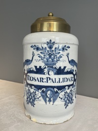 A large blue and white Dutch Delft albarello, inscribed 'Rosar:Pallidar', 18th C.