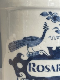 A large blue and white Dutch Delft albarello, inscribed 'Rosar:Pallidar', 18th C.