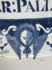 A large blue and white Dutch Delft albarello, inscribed 'Rosar:Pallidar', 18th C.