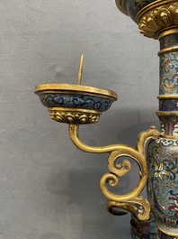 A pair of extremely rare Chinese ram-shaped cloisonn&eacute; candelabra, 18/19th C.