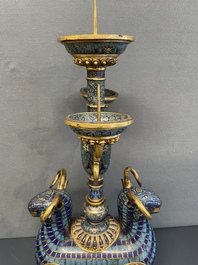 A pair of extremely rare Chinese ram-shaped cloisonn&eacute; candelabra, 18/19th C.