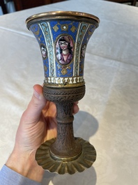 A gilt copper and enamelled water pipe base on wooden stand, Qajar, Iran, 19th C.