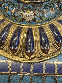 A pair of extremely rare Chinese ram-shaped cloisonn&eacute; candelabra, 18/19th C.