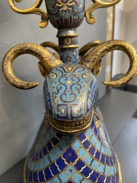 A pair of extremely rare Chinese ram-shaped cloisonn&eacute; candelabra, 18/19th C.