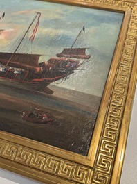 Canton school: 'A merchant vessel in front of the folly fort', oil on canvas, China, 18th C.