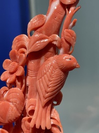 A Chinese red coral group of birds among flowering branches, 19/20th C.
