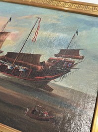 Canton school: 'A merchant vessel in front of the folly fort', oil on canvas, China, 18th C.