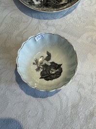 Two Chinese export grisaille cups and saucers and a plate, Qianlong