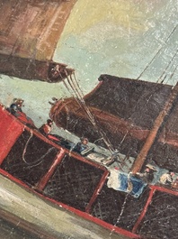 Canton school: 'A merchant vessel in front of the folly fort', oil on canvas, China, 18th C.