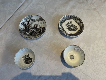 Two Chinese export grisaille cups and saucers and a plate, Qianlong