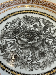 Two Chinese export grisaille cups and saucers and a plate, Qianlong