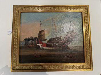 Canton school: 'A merchant vessel in front of the folly fort', oil on canvas, China, 18th C.