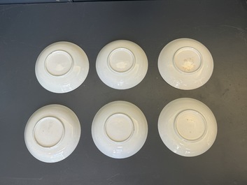 Six Japanese Dutch-decorated or Amsterdams bont 'William and Mary' cups and saucers, Edo, 18th C.