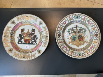 Two Chinese armorial export plates with arms of Knyff and arms of Bistrate impaling Proli for the Belgian market, Qianlong