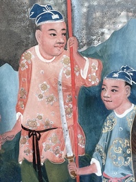 A rare Chinese gilt wood and reverse glass painted mirror, 2nd half 18th C.