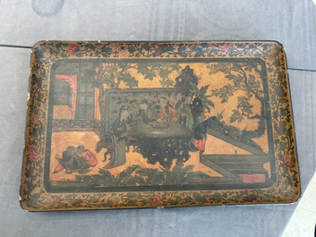 A Chinese polychrome lacquer 'games in the noble garden' tray, 18/19th C.