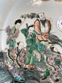 A Chinese famille verte 'Eight Immortals' dish and a pair of famille rose 'butterfly' plates, Guangxu mark, 19th C.