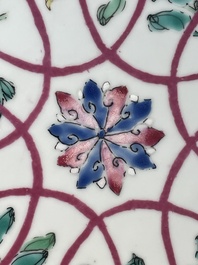 Four octagonal Chinese famille rose ruby-ground plates with floral design, Yongzheng