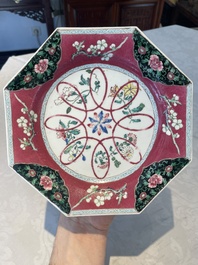 Four octagonal Chinese famille rose ruby-ground plates with floral design, Yongzheng