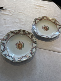 A pair of Chinese famille rose octagonal armorial plates, Qianlong