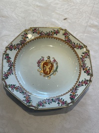 A pair of Chinese famille rose octagonal armorial plates, Qianlong