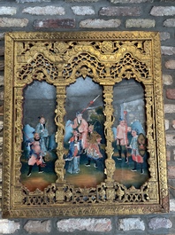 A rare Chinese gilt wood and reverse glass painted mirror, 2nd half 18th C.