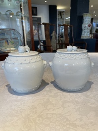 A pair of Chinese Canton famille rose vases and a pair of Dehua blanc de Chine drum-shaped covered jars, 19th C.