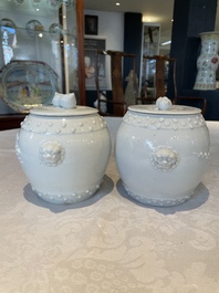 A pair of Chinese Canton famille rose vases and a pair of Dehua blanc de Chine drum-shaped covered jars, 19th C.