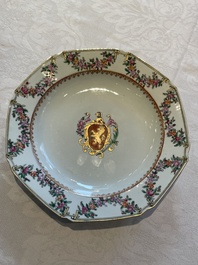 A pair of Chinese famille rose octagonal armorial plates, Qianlong