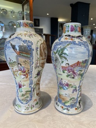 A pair of Chinese Canton famille rose vases and a pair of Dehua blanc de Chine drum-shaped covered jars, 19th C.